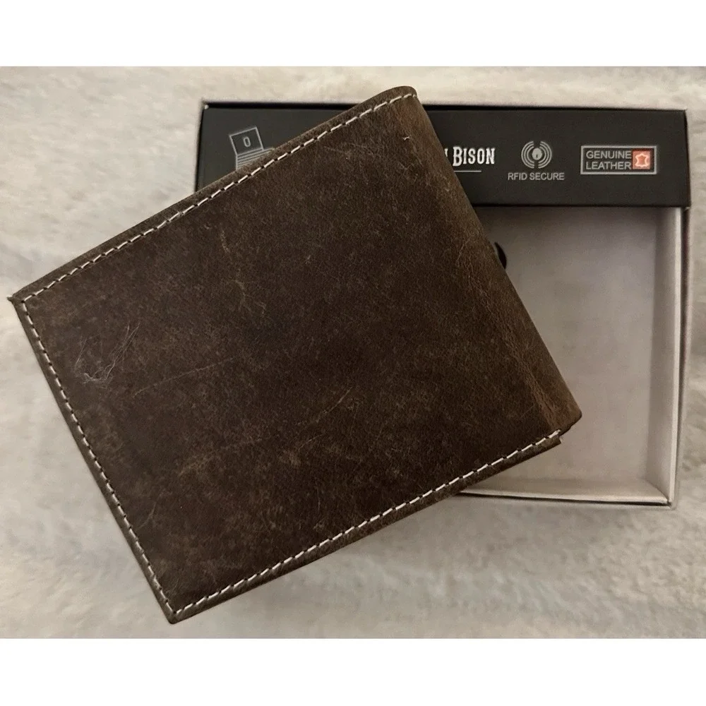 AMERICAN BISON Wallet Genuine Brown Leather RFID Bifold Tin Logo NEW